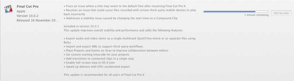 在 App Store 中更新 Final Cut Pro X 到 10.0.2 版本